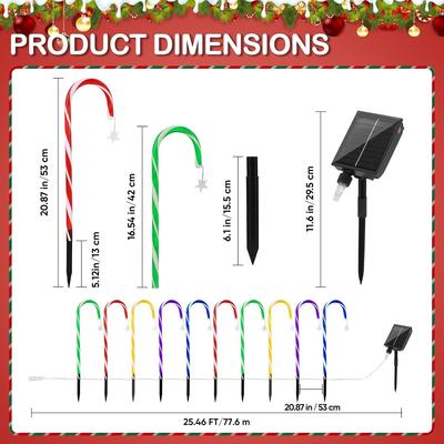 10-Pack Solar Candy Cane Lights 21in - Waterproof Outdoor Xmas Decor W/ Remote for Pathway/Driveway (Multi-Color)