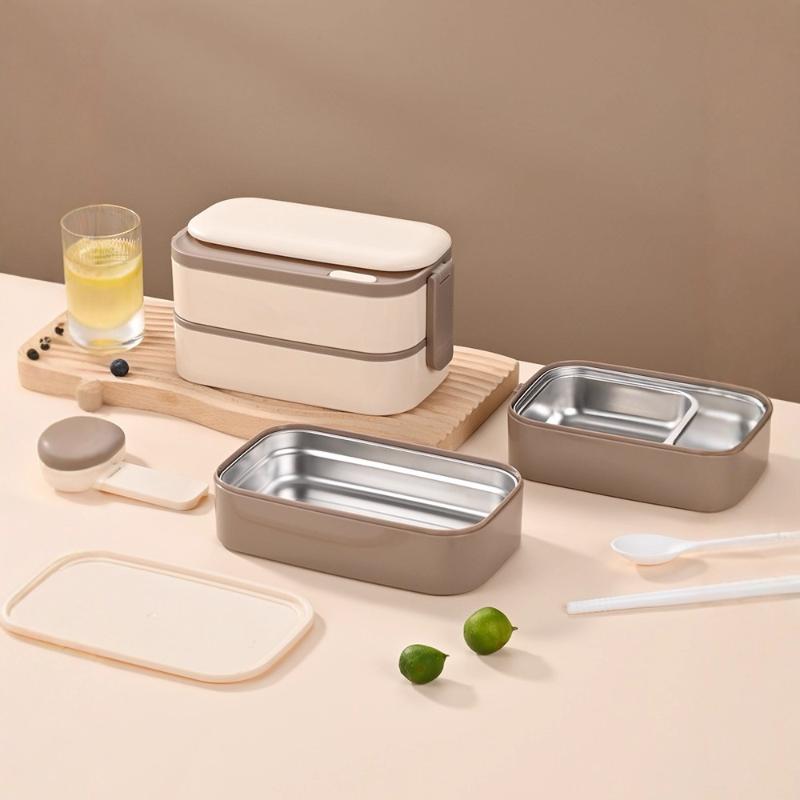304 Stainless Steel Lunch Box 2 Layers Divided Microwavable Bento Box For Students Office Worker Portable Sealed Food Containers