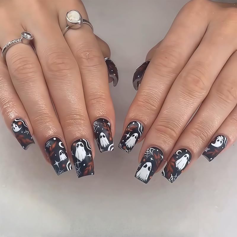 White French Tip Halloween Press on Nails Medium Square Fake Nails with Pumpkin Design Spider Bat False Nail Full Cover Glossy Acrylic Glue on Nail