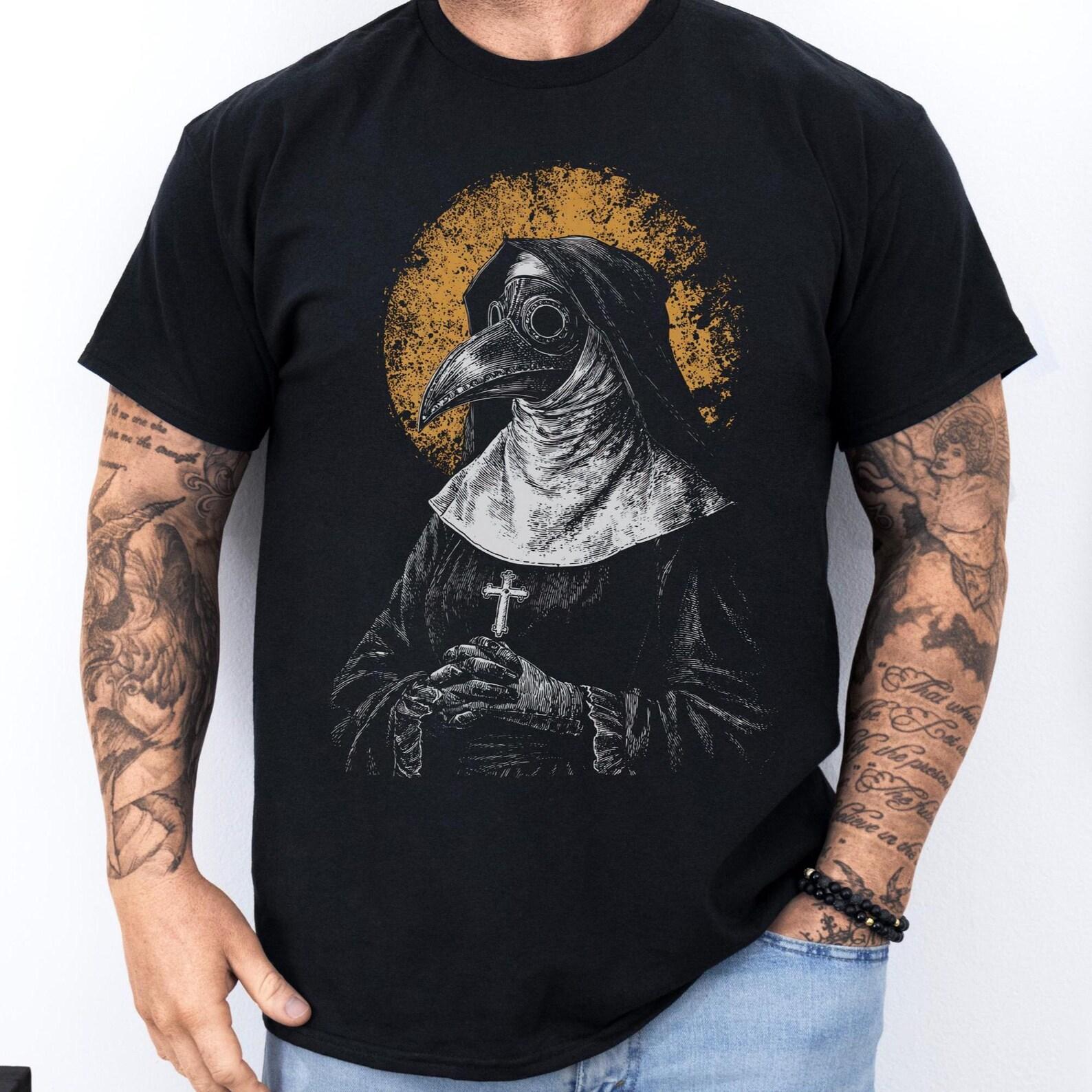 Plague Doctor Nun Shirt: Gothic Dark Art T-Shirt | Plague Mask Design Tee | Medieval Horror Style Top L