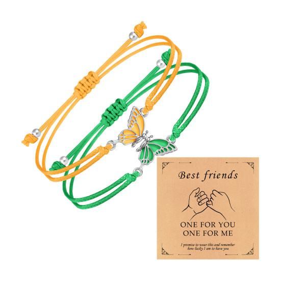 2Pcs/Set Couple Bracelet Adjustable Wax Rope Butterflies Pendant Friendship Love Bracelet with Blessing Card Bestie Matching Jewelry