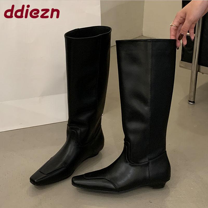 Fashion New Fashion Flock Women Knee High Western Boots With Low Heel Female Slip On Footwear Pointed Toe Ladies Long Booties Shoes