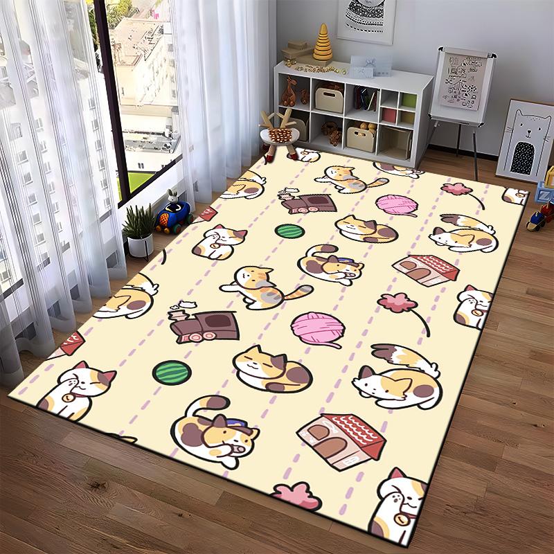 Cute Cartoon Cat Pattern Carpet with Paw Prints Yarn Balls Houses and Beige Background Suitable for Use As an Anti-slip for Room and Bedroom Sofas