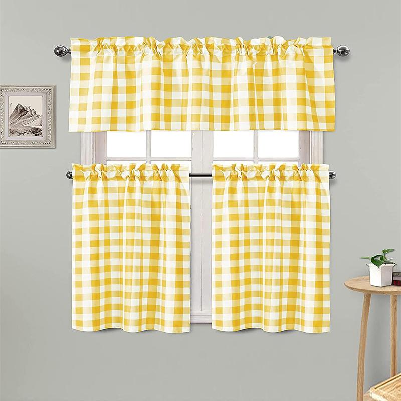 

Small Fresh Grid Short Curtains Suitable for Parties Living Rooms Dining Rooms Kitchens Daily Home Decoration W150cm x H60cm 1pc&Rod Pocket жовтий
