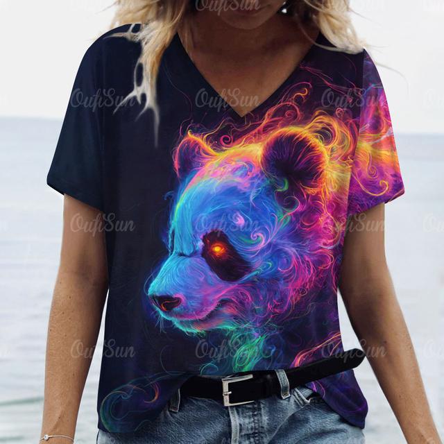 Loose Plus Size Woman Clothing Summer V-Neck Short Sleeve T-Shirts 3d Animals Panda Print Tops Women's Casual T Shirts Clothing