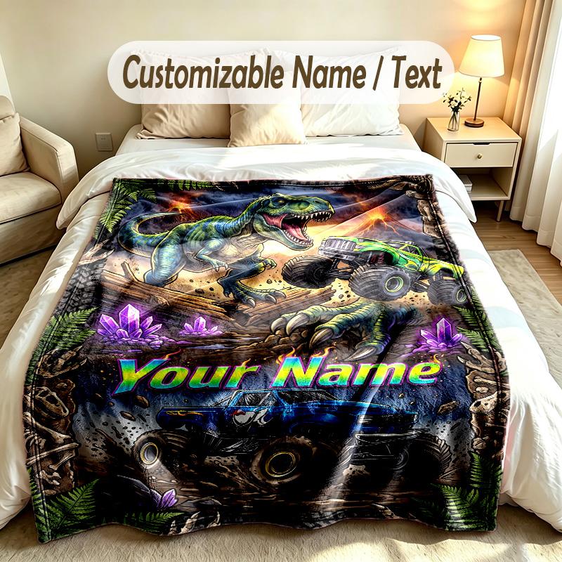 Monster Truck Theme Custom Blanket Personalized Name & Text Customized Soft Warm Throw Blanket Home Decor