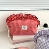 Lace checkered makeup bag, Ins minimalist niche style, high-value large-capacity cosmetic pouch, portable for travel and daily use.