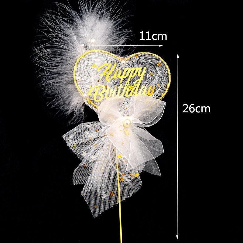 

Shiny White Mesh heart round Happy Birthday Cake Topper with feather for Girls Women Princess Birthday Party cake Decorations
