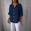 T-shirt Estiva da Donna 2025 Europea & Americana Scollo a V Larga Bottoni Cotone Lino