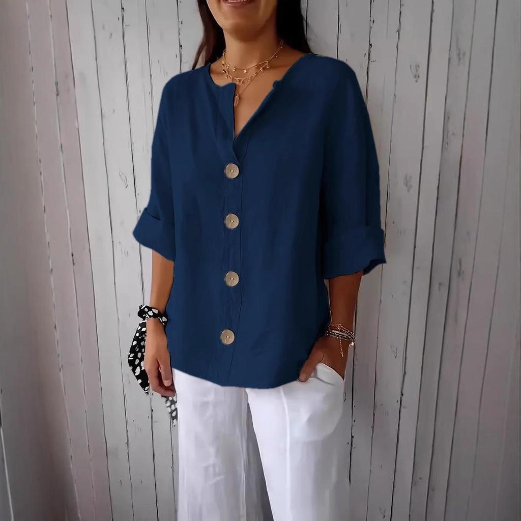 T-shirt Estiva da Donna 2025 Europea & Americana Scollo a V Larga Bottoni Cotone Lino