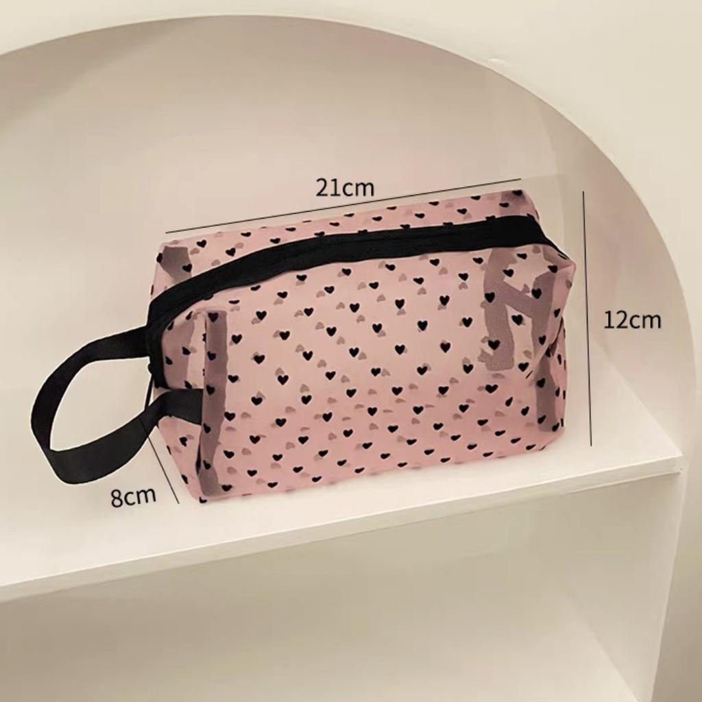 Ins Mesh Makeup Bag, Heart-shaped Storage Bag, Large Capacity, Toiletry Bag, Portable Cosmetics Storage Bag, Lightweight Design