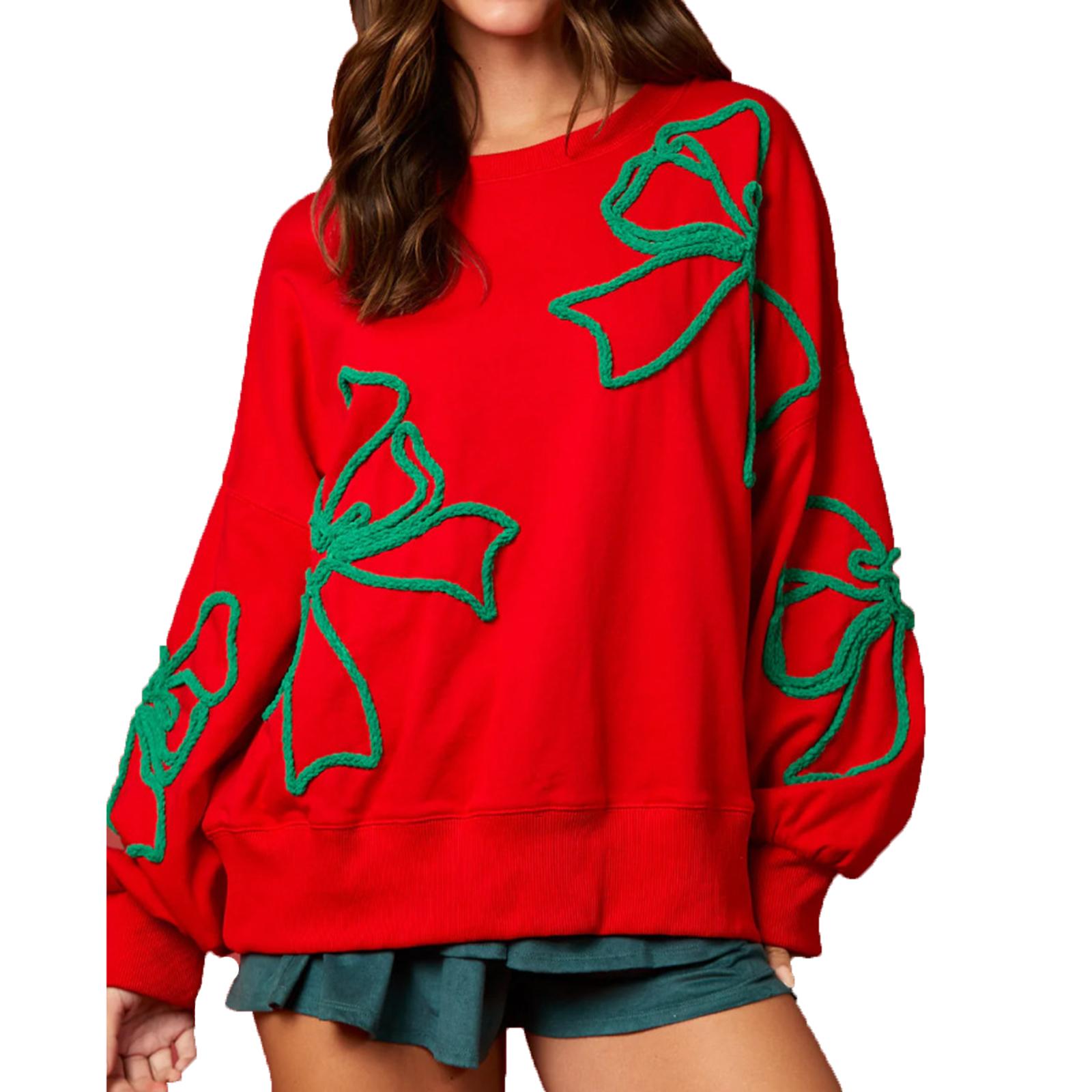 Women s Fashionable Casual Bow Long-Sleeved Sweatshirt S красный