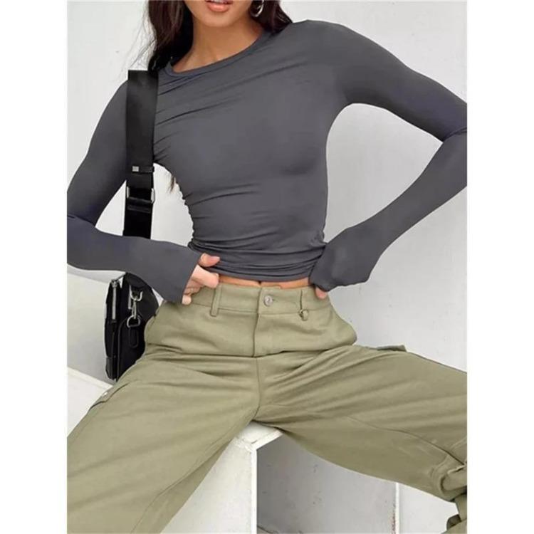 Autumn Fashion Slim Long Sleeve T Shirt Women Solid Color Round Neck Top Wear Inside or Outside