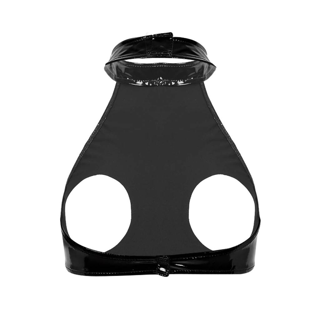 Sexy Women Wet Look Leather Cupless Cage Bra Top Sleeveless Halter Neck Backless Open Bust Crop Tank Tops Lingerie