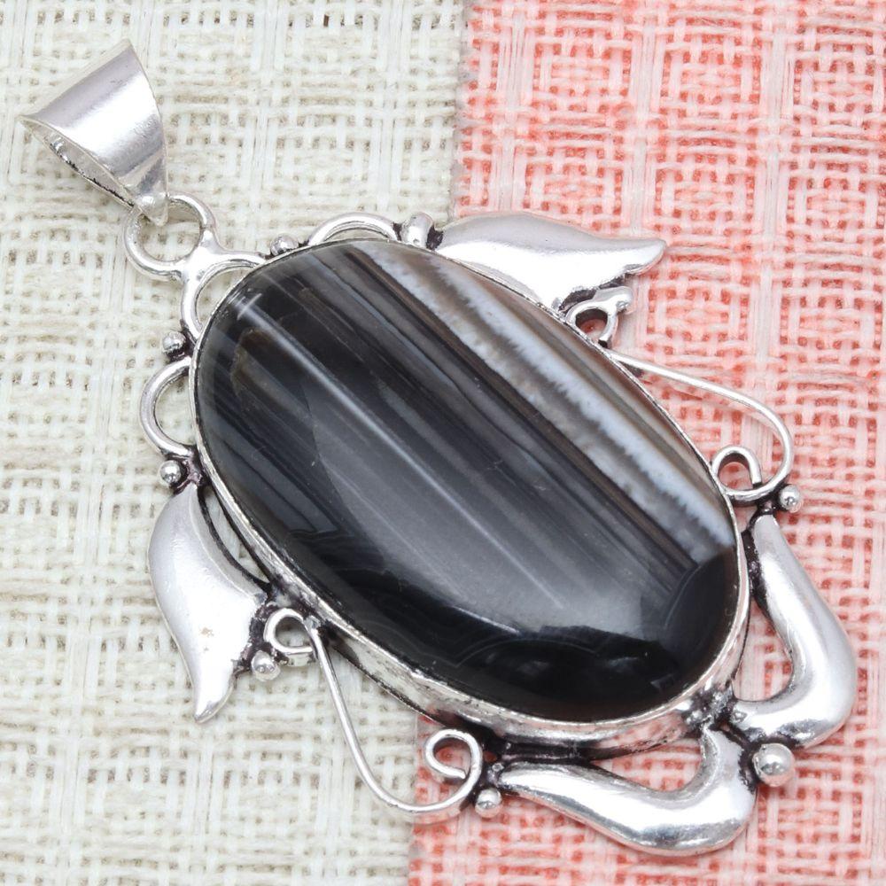 Pendant Grey Botswana Agate Gemstone Mother's Day Gift Silver Jewelry 2.25"