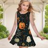 Girls Dark Green Round Neck Sleeveless Halloween Printed A Line Flared Dress
