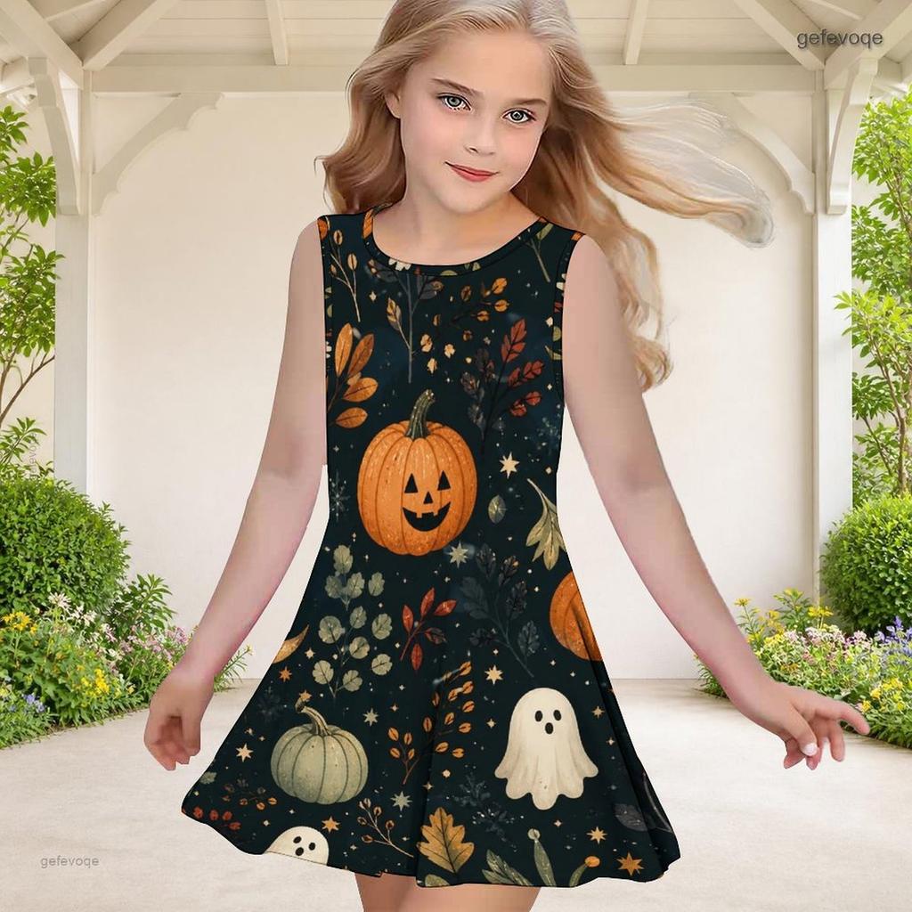Girls Dark Green Round Neck Sleeveless Halloween Printed A Line Flared Dress