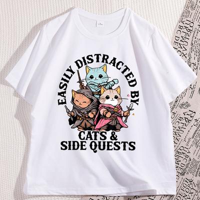 Easily Distracted By Cats TShirt for Men Women Funny Gamer Graphic Tee Retro Adventure Cat Soft Tshirt Cotton Streetwear