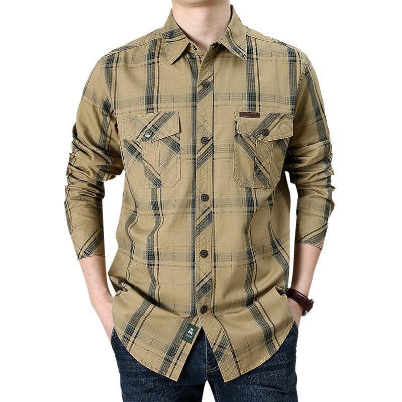 Middle-aged and Young Men's Business Casual Large-size Cotton Work Shirt Autumn New Plaid Long-sleeved Shirt Thin