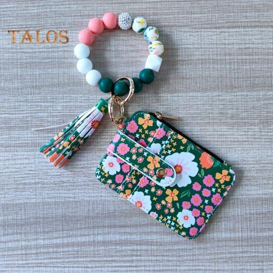 Ladies Floral Wristlet Wallet Boho Style Coin Purse Keychain with Tassel Elastic Beaded Wristlet Wallet with ID Card Window for Shopping Travel Daily