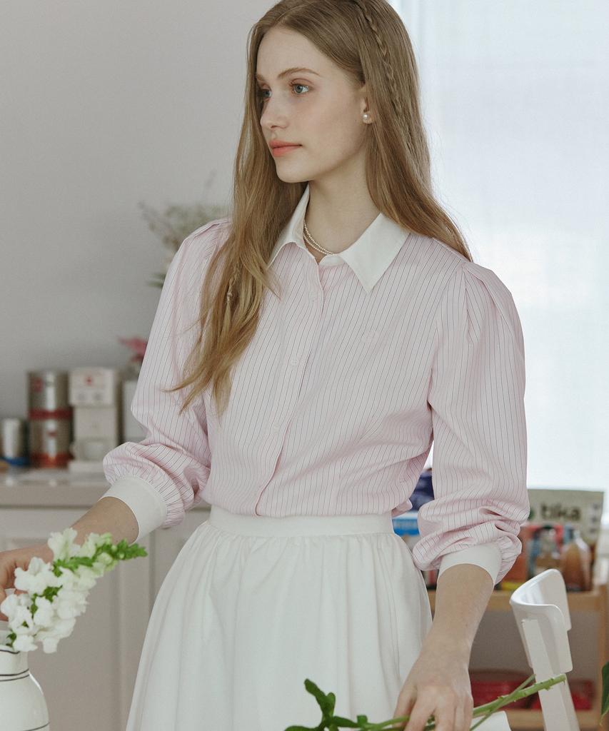 NONLOCAL Puff Sleeve Stripe Shirts - Pink