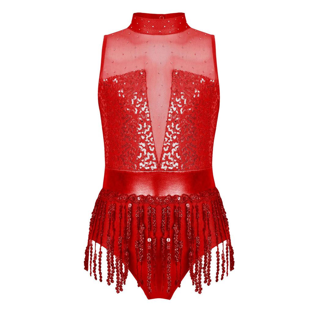 Mädchen Glitzernde Pailletten Quasten Tanzbody Ärmellos Schlüsselloch Rücken Patchwork Fransen Body Performance Kostüm