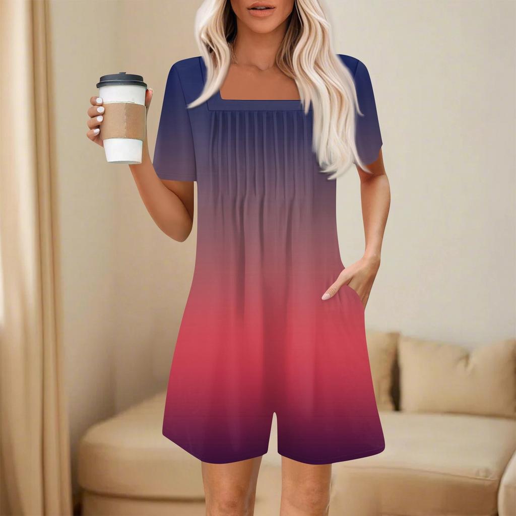 Salopetă de damă la modă și casual cu mânecă scurtă, cu buzunar plisat, salopetă scurtă imprimată