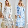 Spring Autumn V-neck Flower Print Long Sleepdress Homewear Women Casual Loose Slit Nightgown Ladies Nightdress Woman Loungewear