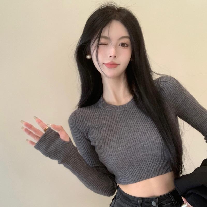 Gray Long-sleeved Knitted Sweater Women's Spring and Autumn Inner Fit Slim-fitting Short Open-button Tight Bottoming Shirt Top Tide