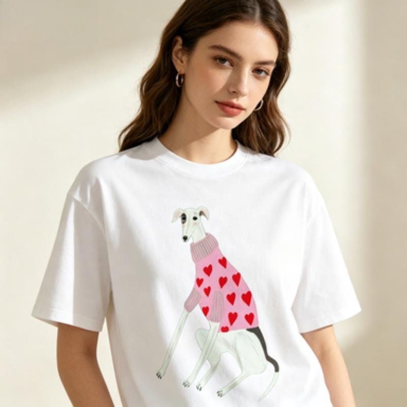Unisex Greyhound Dog Print Tshirt Cute Whippet In Pink Heart Sweater Graphic Casual Short Sleeve Round Neck Tee Top White Black