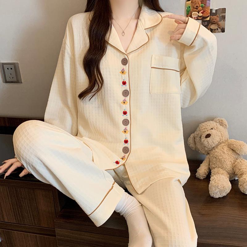 Air cotton pajamas women's autumn and winter long sleeves thickened interlayer warm stars cat student loungewear real shot