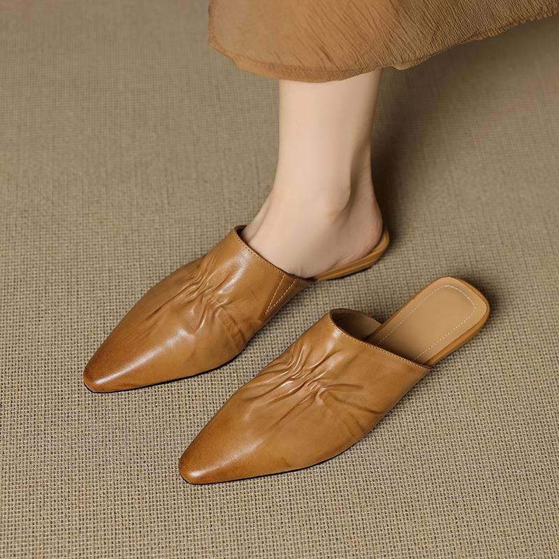 Fashion 2025 Summer Women Shoes Square Toe Low-heel Shoes Slippers Retro Cowhide Leather Shoes for Women Casual Mules for Women Sandals