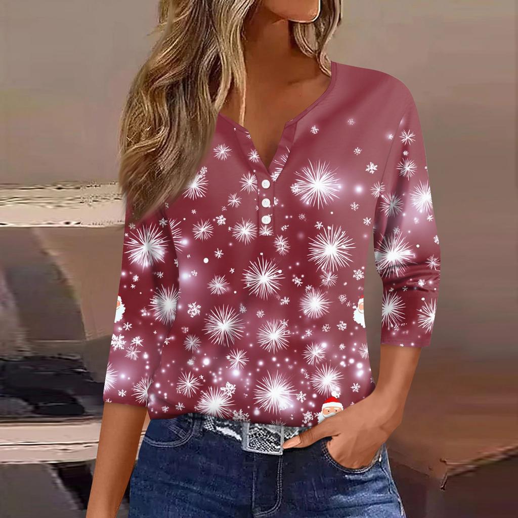 Women's T Shirt Tee Christmas Printed Button 3/4 Sleeve Tunic Daily Weekend Fashion Basic V- Neck Regular Top