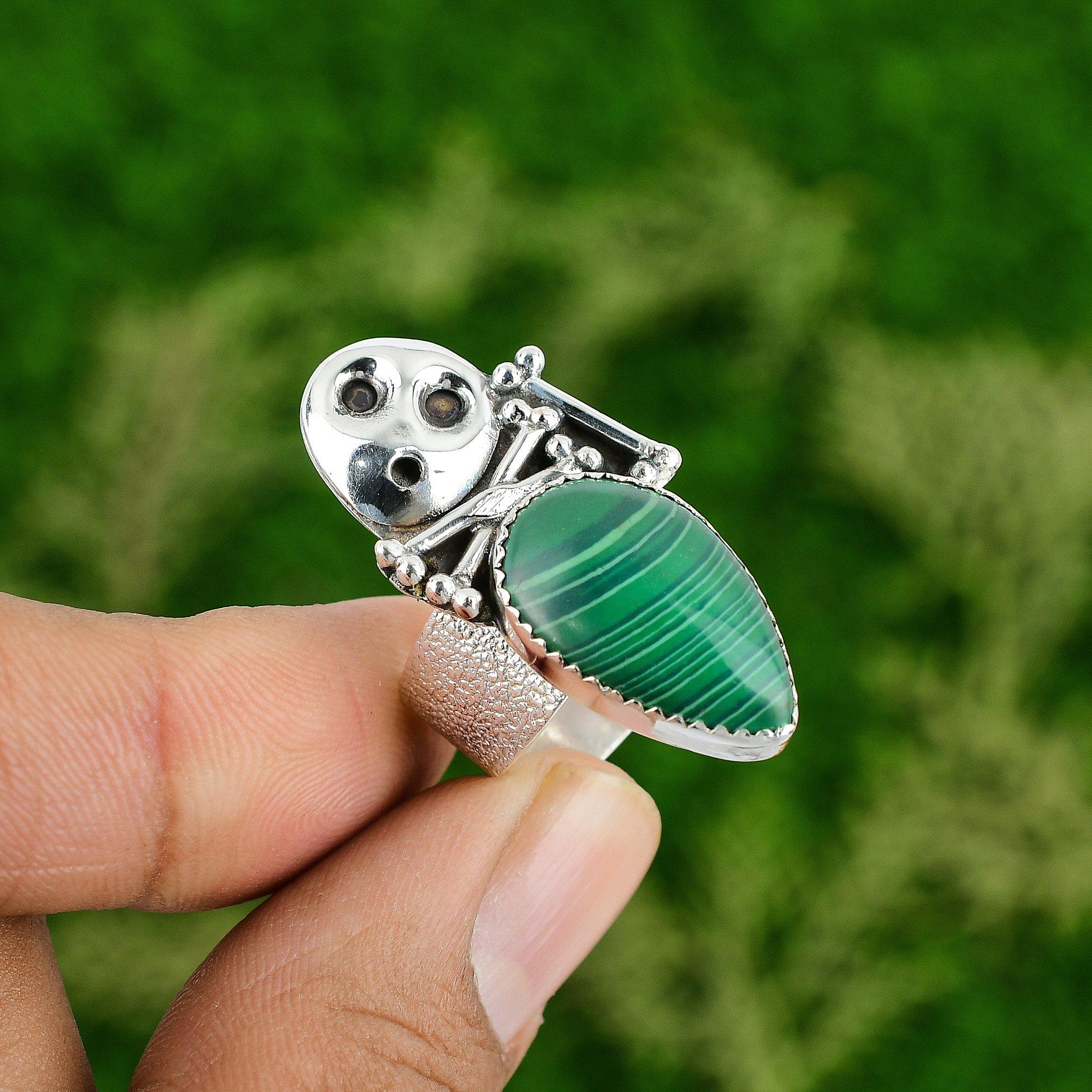 

925 Silver Natural Russian Malachite Promise Skull And Bone Adjustable Ring Adjustable