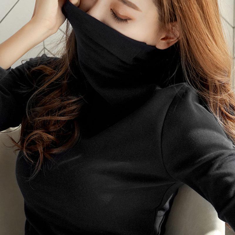 Women's Slim Fit Fleece High Neck T-Shirt - Korean Style Casual Long Sleeve Warm Top for Autumn and Winter 2025