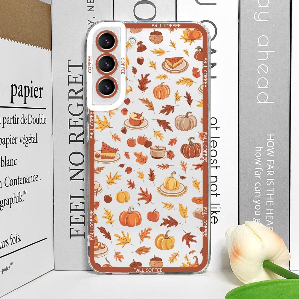 

Fall Maple Leaf Pumpkin Coffee Transparent Phone Case for Samsung Galaxy S25 S24 S23 Ultra S22 S21 S20 Plus S24 FE 5G Soft Cover Galaxy S24 Ultra