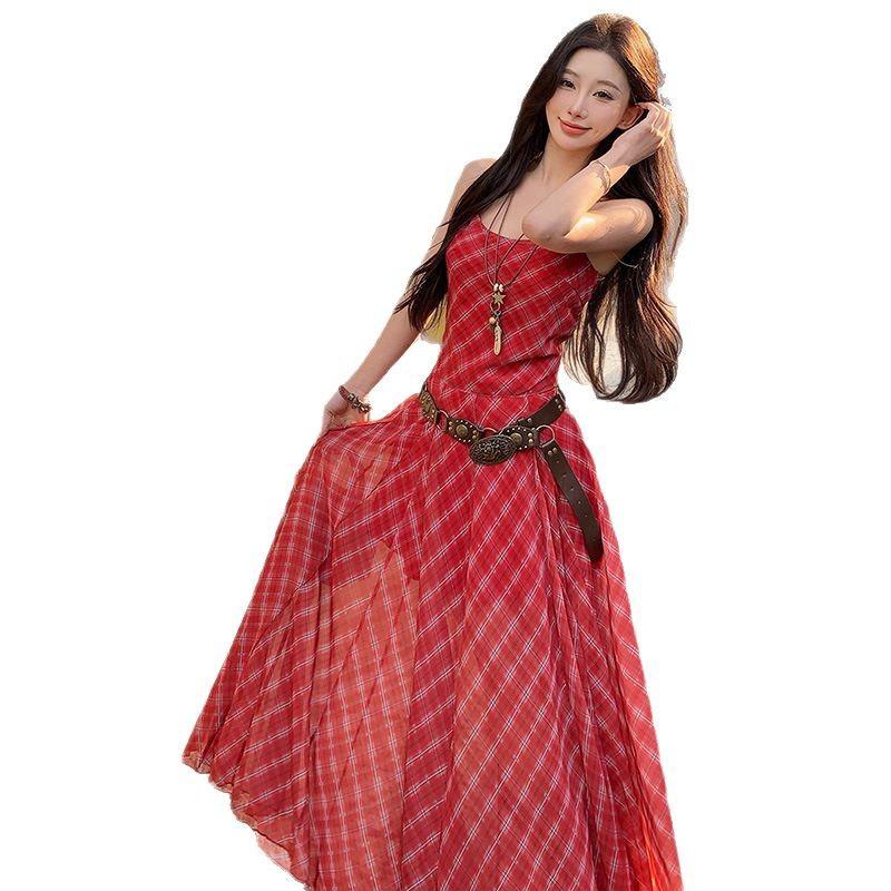 Unique and Beautiful Red Plaid Suspender Dress Summer Seaside Vacation Waist Slim Mesh Dress