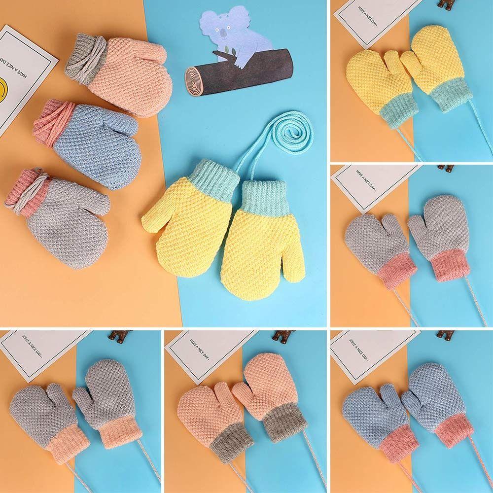 Winter Plush Hanging Neck Knitted Mittens Cute Thick Warm Kids Gloves