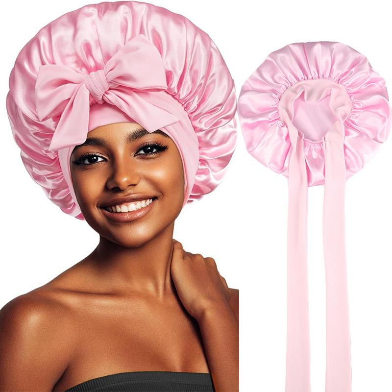 Satin Shower Cap For Women Waterproof Silk Bonnet With Elastic Band Bath Cap For Long Hair Shower Hair Cover Accessories