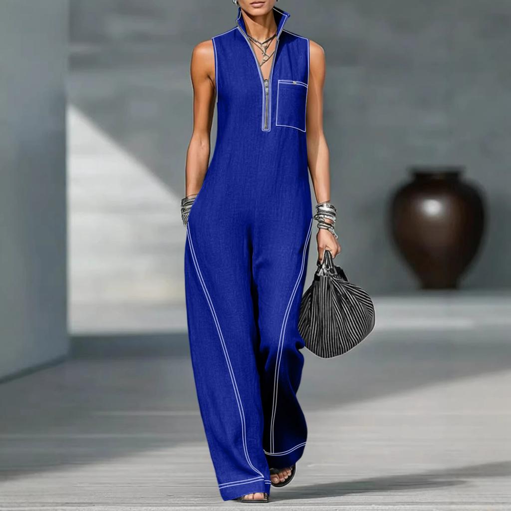 Women's Stand Collar Sleeveless Loose Fit Jumpsuit with Zipper Front and Stitching for Casual Wear