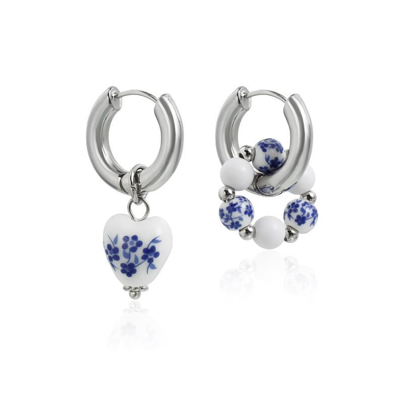 1Pair Blue White Color Ceramic Pendant Earrings Ear Buckle Chinese Style Ear Buckle Hanfu Round Bead Heart-Shaped Earrings