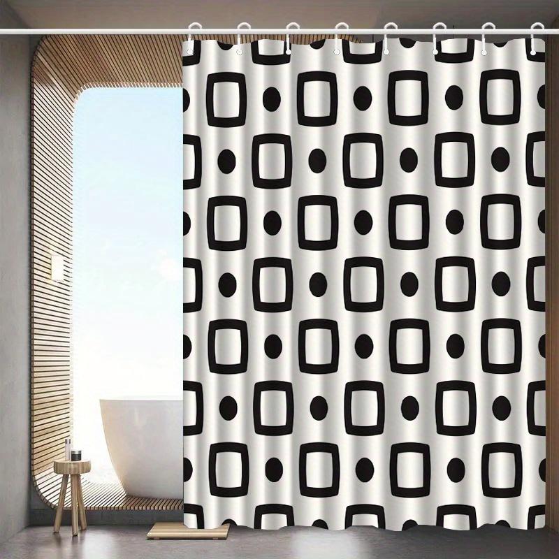 1Pc Simple Geometric Patterned Shower Curtain With Hooks, Machine Washable Polyester, Suitable For Bathroom Decor.