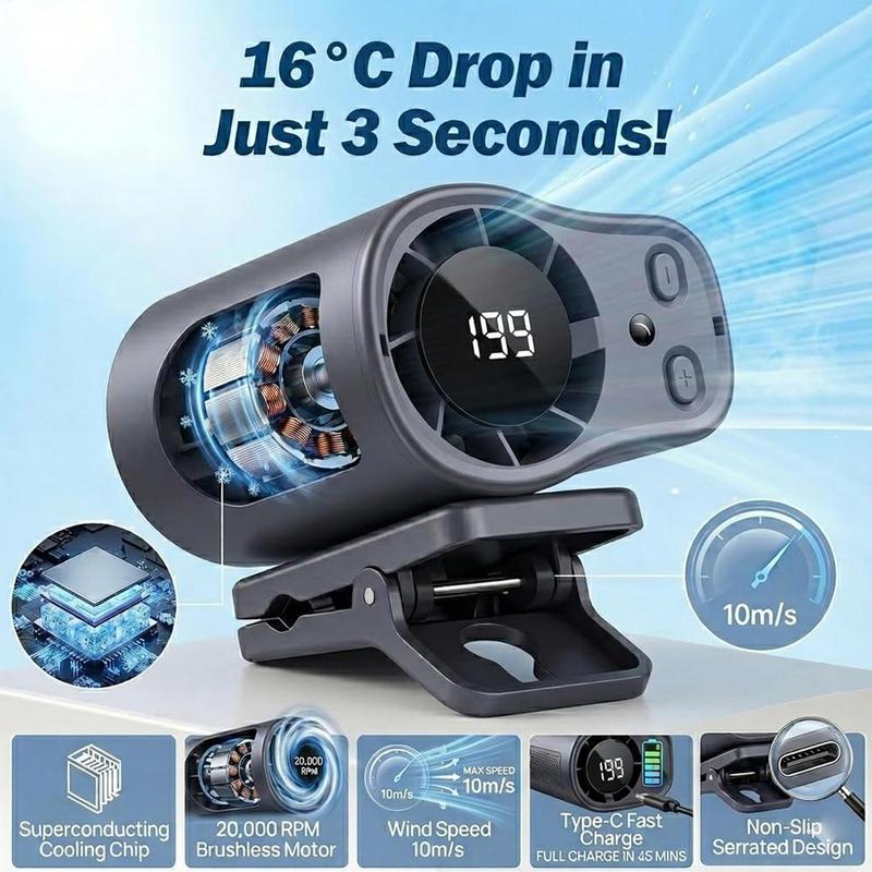 Clip On Car Fan Low Noise Cooling Fan With LED Display Portable Mini Clip Fan for Camping Fishing Travel Outdoor Use