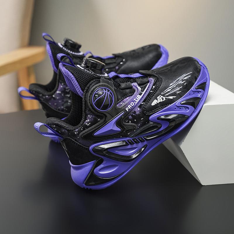 Factory Explosion Rotating Buckle Leather Platform Sneakers Non-slip Actual Combat Children's Cool Basketball Shoes Outdoor