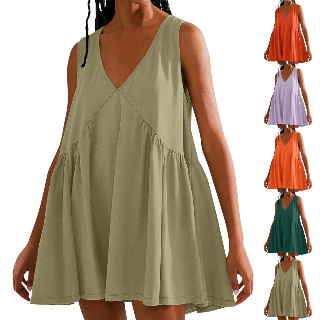 Dámské letní šaty bez rukávů, ležérní volné tílko s výstřihem do V a kapsami