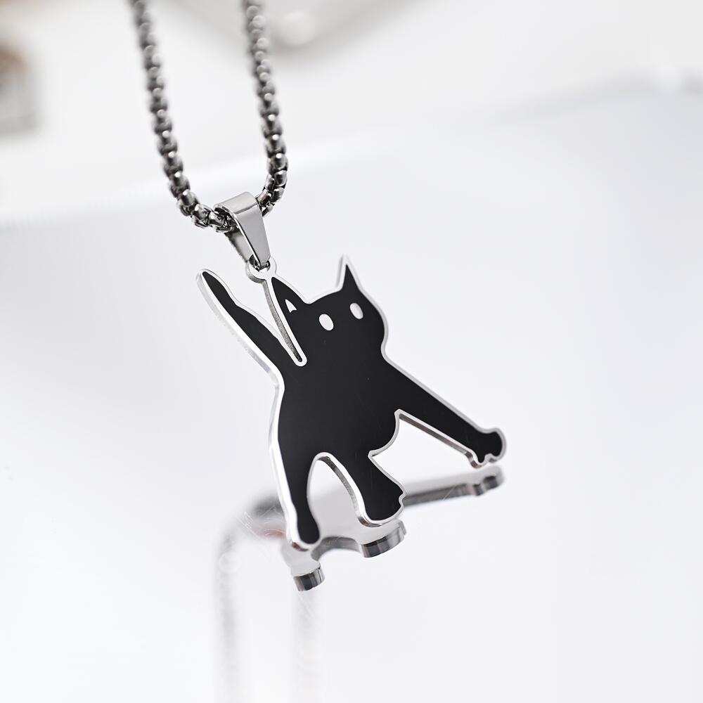 Titanium Steel Scared Cat Necklace For Women Men Korea Fashion Kpop Black Cat Pendant Sweater Chain Couple  Party Gift