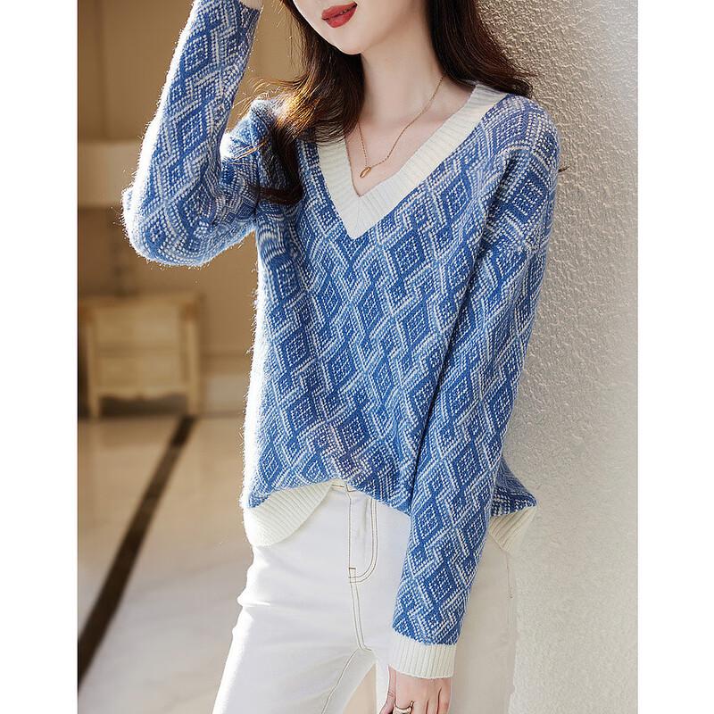 Demana Women's V-Neck Retro Plaid Knit Sweater