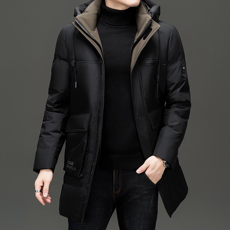 Winter 2024 Men's Mid-Length Hooded Business Casual White Duck Down Jacket