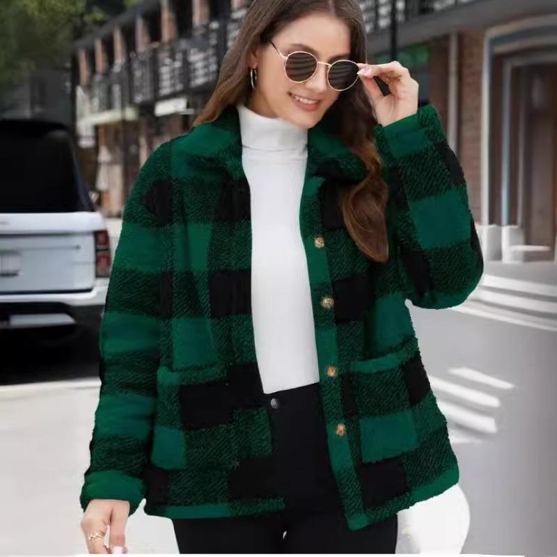 European American Women Checked Plush Coat Patch Pocket Versatile Long Sleeve Winter Fashion Casual Jacket
