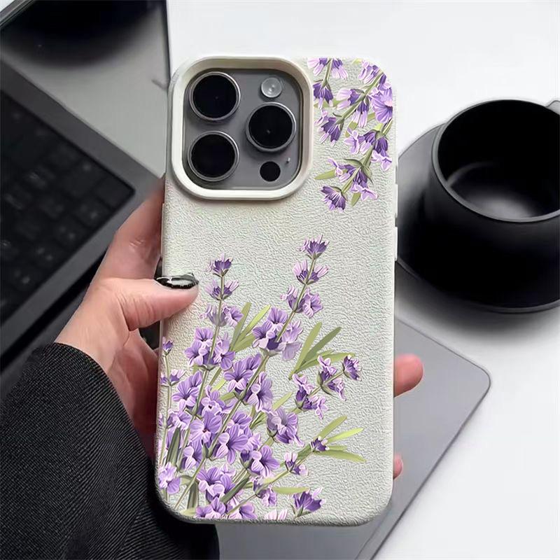 Matte Leather Texture Shockproof Phone Case For iPhone 16 Pro Max 15 14 Pro 13 12 11 Purple Flower Pattern Slim TPU Soft Bumper Cover